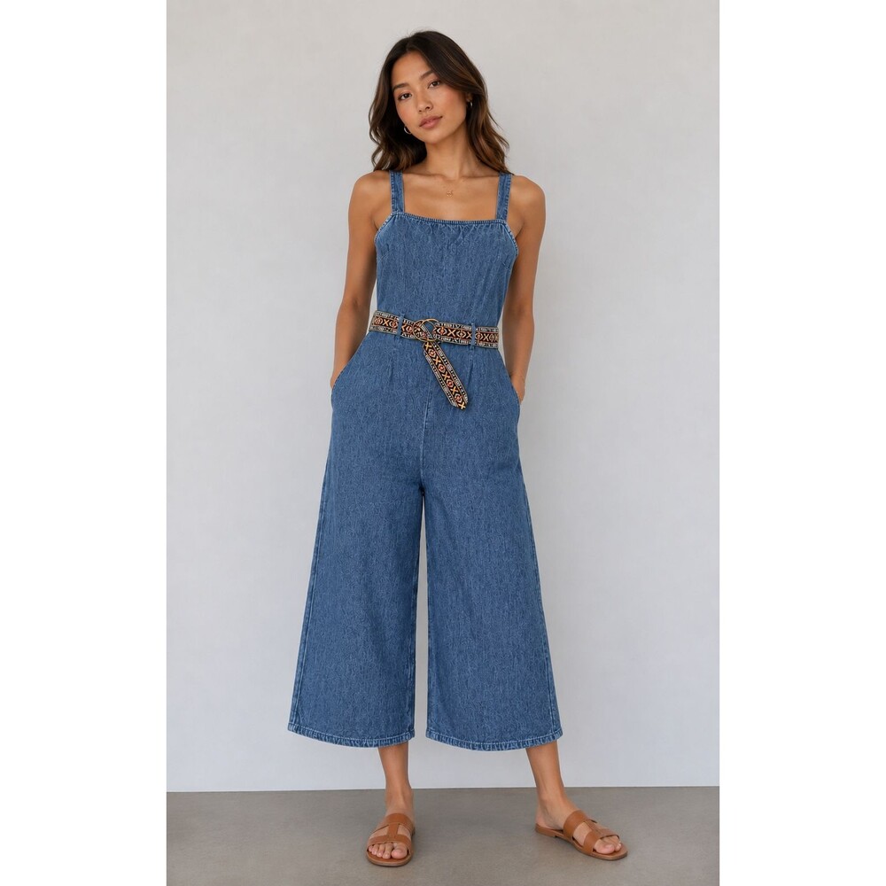 American Eagle Chambray Denim Cropped Wide Leg Square Neck Jumpsuit Size 10